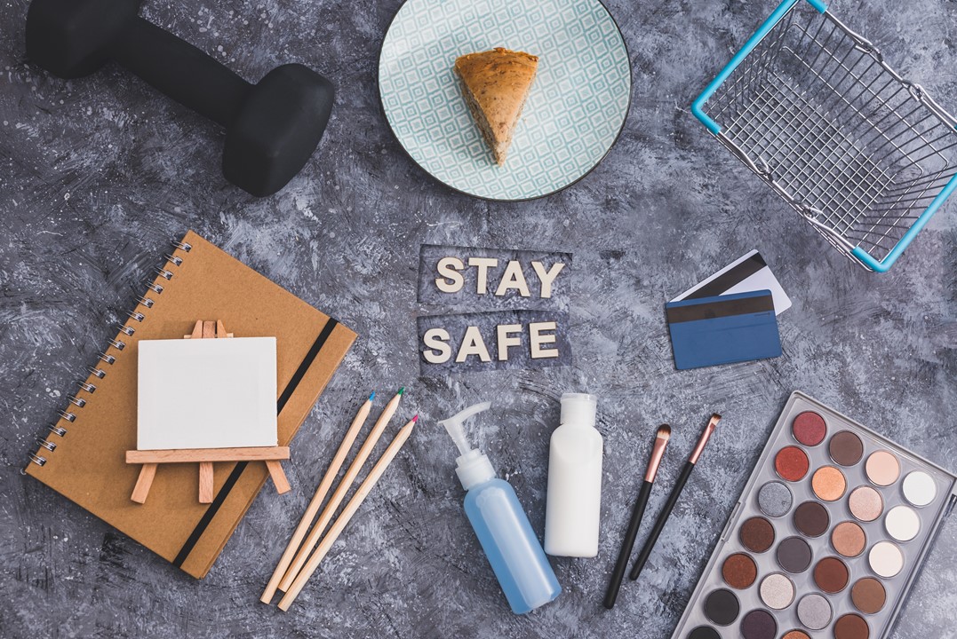 How are Affinity Nurses spending time in isolation hobbies at home stay safe flat lay with arts and craft