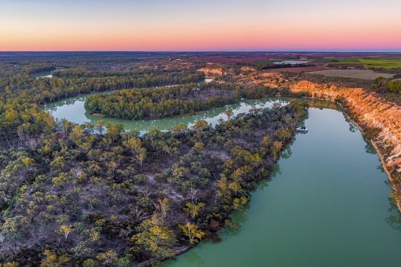 Aerial panoramic landscape of eroding sandstone shores of Murray RIver at dusk